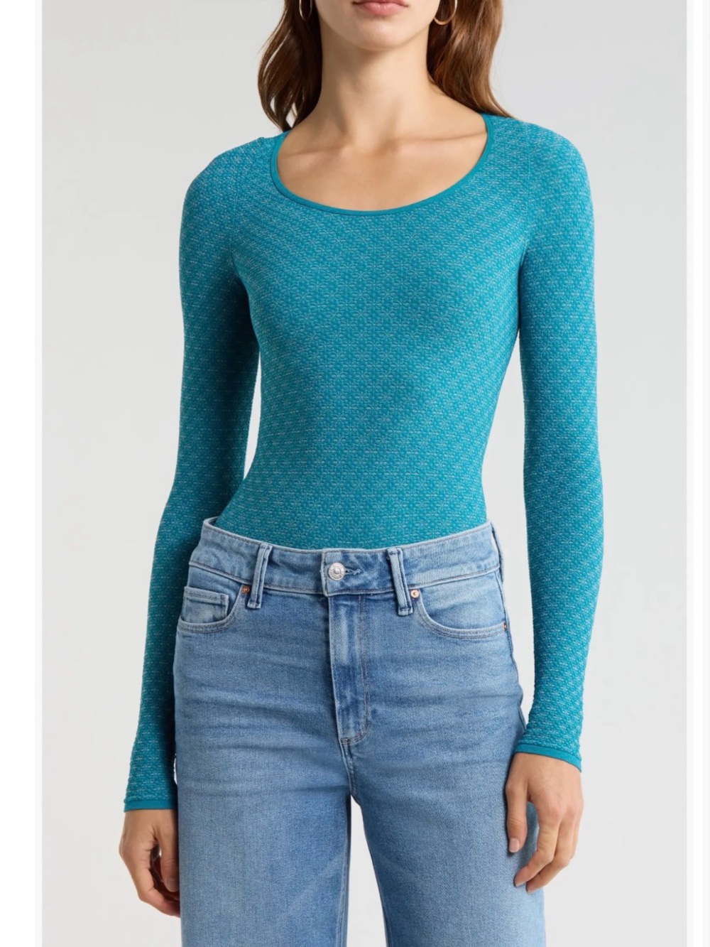 Free People Love Letter Fitted Scoop Neck Long Sleeve Top - Teal